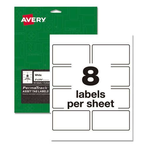 PERMATRACK DURABLE WHITE ASSET TAG LABELS, LASER PRINTERS, 2 X 3.75, WHITE, 8/SHEET, 8 SHEETS/PACK