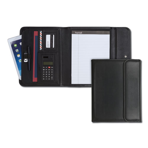Professional Tri-Fold Padfolio w/Calculator, Writing Pad, Vinyl, Black | by Plexsupply