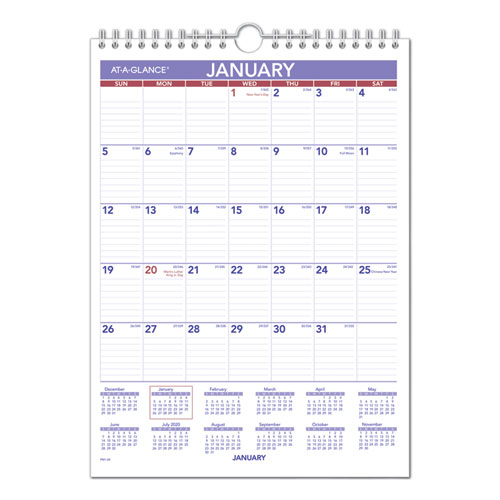 Monthly Wall Calendar with Ruled Daily Blocks, 8 x 11, White, 2020 | by Plexsupply