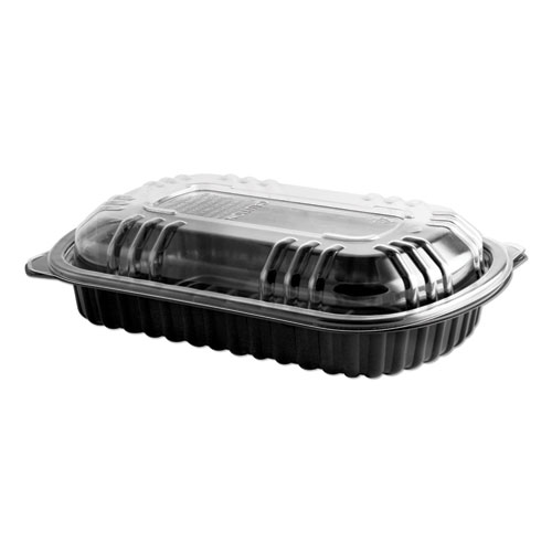 MicroRaves Rib Container with Vented Anti-Fog Lids, Half Slab, 22 oz, 10.2 x 6.76 x 2.45, Black/Clear, 150/Carton