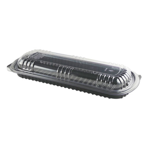 MicroRaves Rib Container with Vented Anti-Fog Lids, Full Slab, 30 oz, 16.38 x 6.76 x 2.45, Black/Clear, 100/Carton