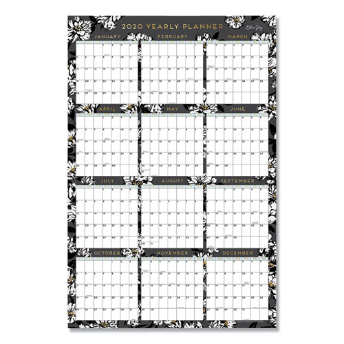 Image of Baccara Dark Laminated Erasable Wall Calendar, Floral Artwork, 36 x 24, White/Black/Gold Sheets, 12-Month (Jan-Dec): 2023