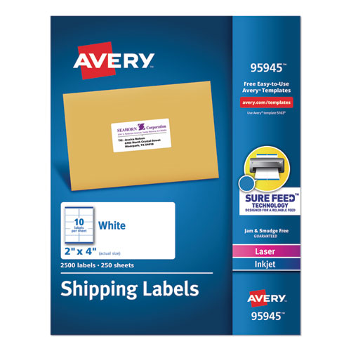 Avery® White Shipping Labels-Bulk Packs, Inkjet/Laser Printers, 2 x 4, White, 10/Sheet, 250 Sheets/Box