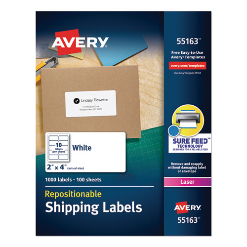 Avery® Repositionable Address Labels w/Sure Feed, Inkjet/Laser, 2 x 4, White, 250/Box