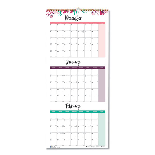 Blueline® 3-Month Wall Calendar, Colorful Leaves Artwork, 12.25 X 27, White/Multicolor Sheets, 14-Month (Dec To Jan): 2024
