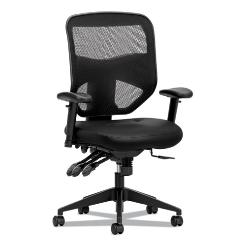 Prominent Mesh High-Back Task Chair, Leather, Supports up to 250 lbs., Black Seat, Black Back, Black Base
