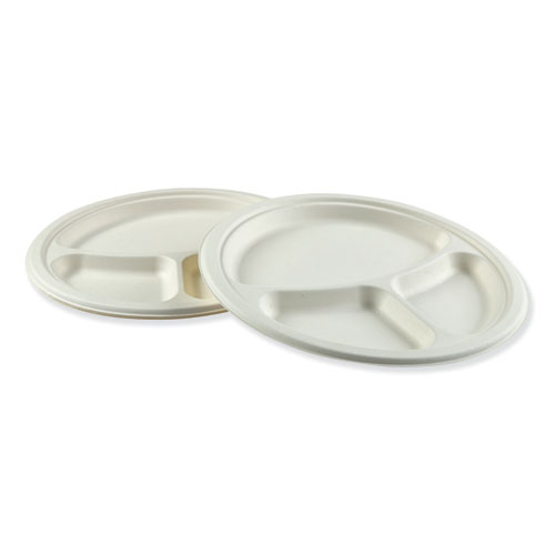 Bagasse Molded Fiber Dinnerware, 3-Compartment Plate, 10 Diameter, White, 500/Carton