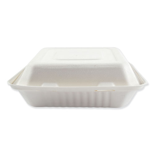 Bagasse Food Containers, Hinged-Lid, 3-Compartment 9 x 9 x 3.19, White, 100/Sleeve, 2 Sleeves/Carton