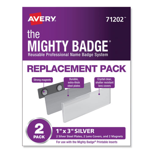 Image of The Mighty Badge Name Badge Holders, Horizontal, 3 x 1, Silver, 2/Pack