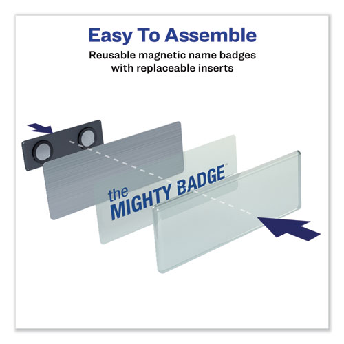 THE MIGHTY BADGE NAME BADGE HOLDER KIT, HORIZONTAL, 3 X 1, LASER, SILVER, 4 HOLDERS/32 INSERTS