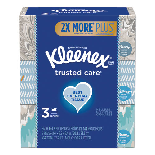 TRUSTED CARE FACIAL TISSUE, 2-PLY, WHITE, 144 SHEETS/BOX, 3 BOXES/PACK, 12 PACKS/CARTON