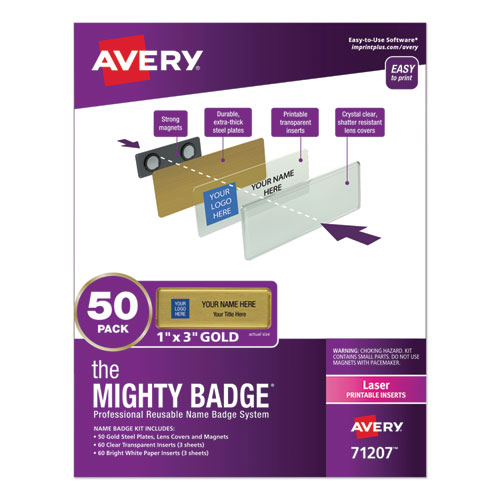 Image of Avery® The Mighty Badge Name Badge Holder Kit, Horizontal, 3 X 1, Laser, Gold, 50 Holders/120 Inserts