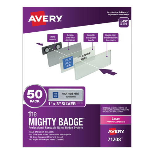 Image of The Mighty Badge Name Badge Holder Kit, Horizontal, 3 x 1, Laser, Silver, 50 Holders/120 Inserts