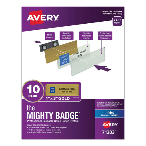 Avery® The Mighty Badge Name Badge Holder Kit, Horizontal, 3 x 1, Inkjet, Gold, 10 Holders/ 80 Inserts