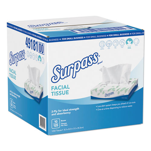 Surpass® Facial Tissue, 2-Ply, White, Flat Box, 125/Box, 10 Boxes/Carton
