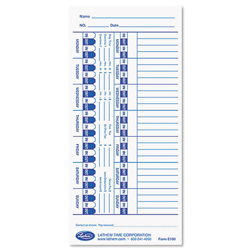 Time Card for Lathem Models 900E/1000E/1500E/5000E, White, 100/Pack