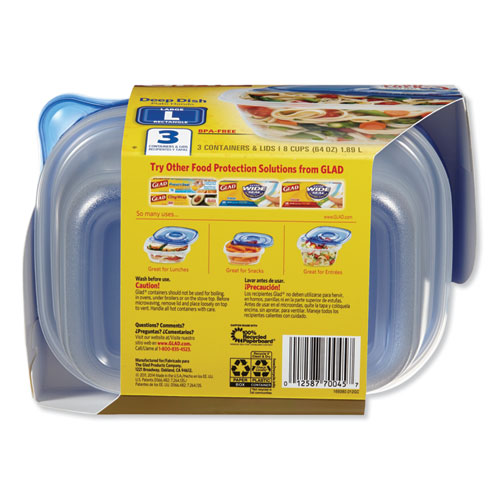 Deep Dish Food Storage Containers, 64 oz, Plastic, 3/Pack