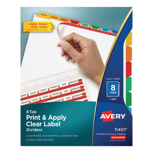 PRINT AND APPLY INDEX MAKER CLEAR LABEL DIVIDERS, 8 COLOR TABS, LETTER