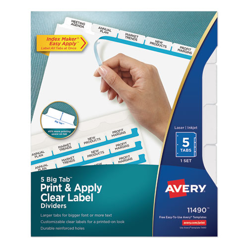 Image of Print and Apply Index Maker Clear Label Dividers, Big Tab, 5-Tab, White Tabs, 11 x 8.5, White, 1 Set