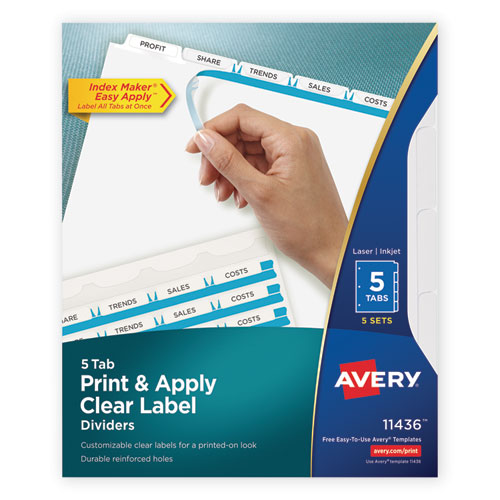Print and Apply Index Maker Clear Label Dividers, 5-Tab, White Tabs, 11 x 8.5, White, 5 Sets