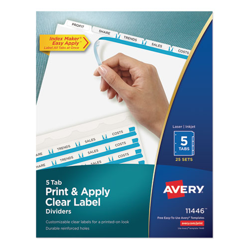 Image of Print and Apply Index Maker Clear Label Dividers, 5-Tab, White Tabs, 11 x 8.5, White, 25 Sets