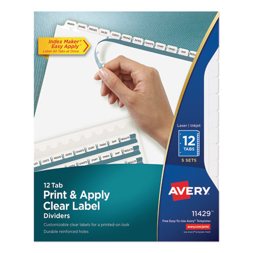 Print and Apply Index Maker Clear Label Dividers, 12-Tab, White Tabs, 11 x 8.5, White, 5 Sets