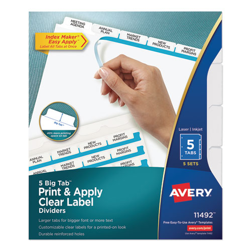 Print and Apply Index Maker Clear Label Dividers, Big Tab, 5-Tab, White Tabs, 11 x 8.5, White, 5 Sets