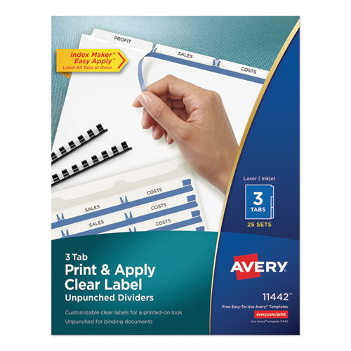 Image of Print and Apply Index Maker Clear Label Unpunched Dividers, 3-Tab, 11 x 8.5, White, 25 Sets