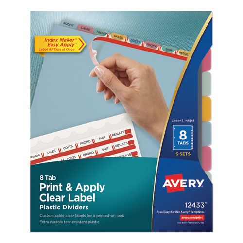 Print and Apply Index Maker Clear Label Plastic Dividers with Printable Label Strip, 8-Tab, 11 x 8.5, Assorted Tabs, 5 Sets
