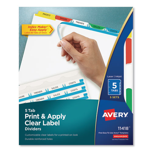 Image of Print and Apply Index Maker Clear Label Dividers, 5-Tab, Color Tabs, 11 x 8.5, White, Traditional Color Tabs, 5 Sets