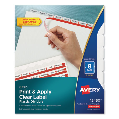 Print and Apply Index Maker Clear Label Plastic Dividers w/Printable Label Strip, 8-Tab, 11 x 8.5, Frosted Clear Tabs, 5 Sets