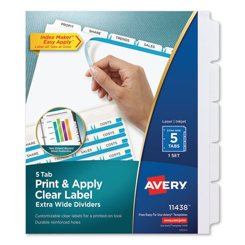 Image of Print and Apply Index Maker Clear Label Dividers, Extra Wide Tab, 5-Tab, White Tabs, 11.25 x 9.25, White, 1 Set