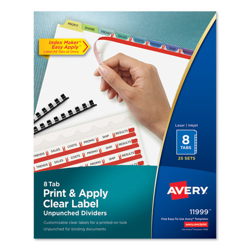 PRINT AND APPLY INDEX MAKER CLEAR LABEL UNPUNCHED DIVIDERS, 8-TAB, LTR, 25 SETS