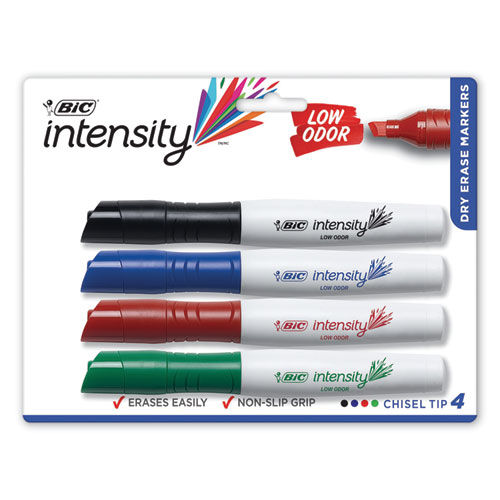 Intensity Low Odor Dry Erase Marker, Broad Chisel Tip, Assorted Colors, 4/Set | by Plexsupply