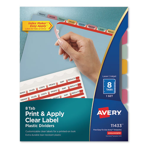 Print and Apply Index Maker Clear Label Plastic Dividers with Printable Label Strip, 8-Tab, 11 x 8.5, Assorted Tabs, 1 Set