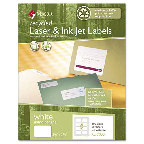 Recycled Laser/inkjet White Name Badge Labels, 3 3/8 X 2 1/3, White, 400/box
