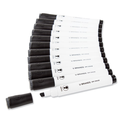 Image of Chisel Tip Low-Odor Dry-Erase Markers with Erasers, Broad Chisel Tip, Black, Dozen