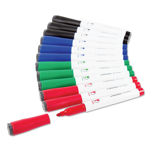 Medium Point Low-Odor Dry-Erase Markers with Erasers, Assorted Colors, 12/Pack