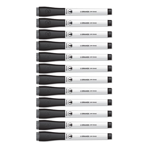 Image of U Brands Medium Point Low-Odor Dry-Erase Markers With Erasers, Medium Bullet Tip, Black, Dozen