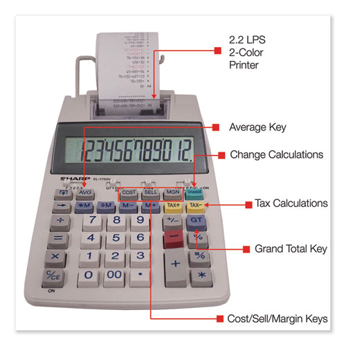 Image of EL-1750V Two-Color Printing Calculator, Black/Red Print, 2 Lines/Sec
