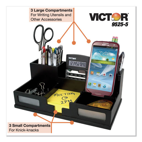 Image of Victor® Midnight Black Desk Organizer With Smartphone Holder, 6 Compartments, Wood, 10.5 X 5.5 X 4