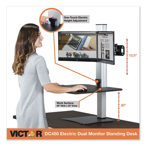 Image of Victor® High Rise Electric Dual Monitor Standing Desk Workstation, 28" X 23" X 20.25", Black/Aluminum