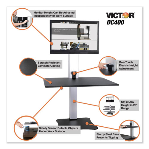 High Rise Electric Standing Desk Workstation, Single Monitor, 28" x 23" x 20.25", Black/Aluminum