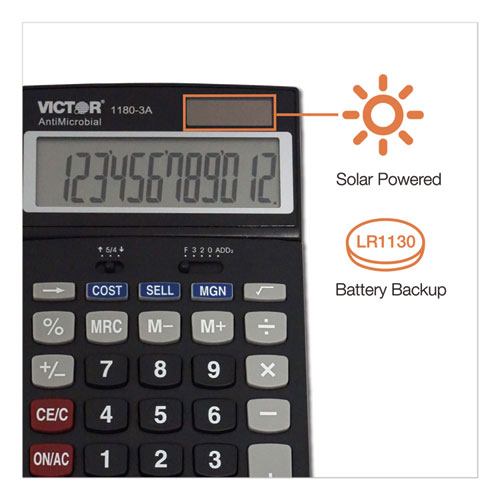 1180-3A Antimicrobial Desktop Calculator, 12-Digit LCD