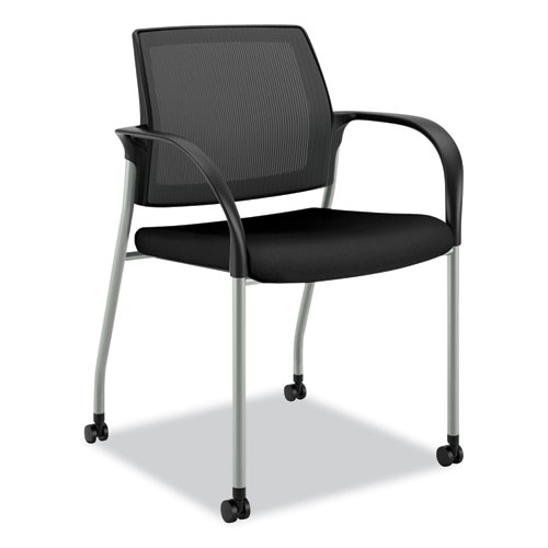 Ignition Series Mesh Back Mobile Stacking Chair, Fabric Seat, 25" x 21.75" x 33.5", Black Seat, Black Back, Platinum Base
