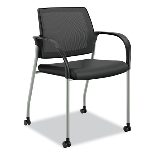 Ignition Series Mesh Back Mobile Stacking Chair, Vinyl Seat, 25" x 21.75" x 33.5", Black Seat, Black Back, Platinum Base