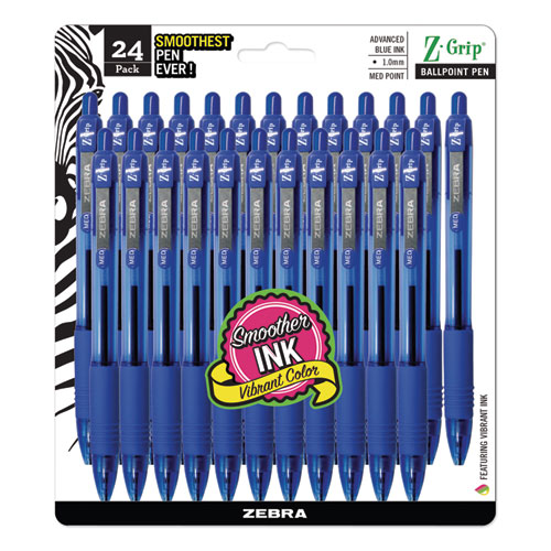 Image of Zebra® Z-Grip Ballpoint Pen, Retractable, Medium 1 Mm, Blue Ink, Clear Barrel, 24/Pack