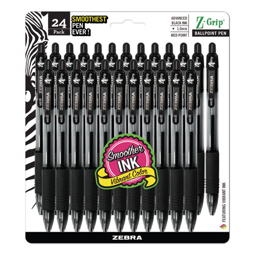 Image of Zebra® Z-Grip Ballpoint Pen, Retractable, Medium 1 Mm, Black Ink, Clear Barrel, 24/Pack