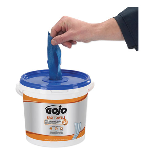 Image of Gojo® Fast Towels Hand Cleaning Towels, 7.75 X 11, Fresh Citrus, Blue, 130/Bucket, 4 Buckets/Carton