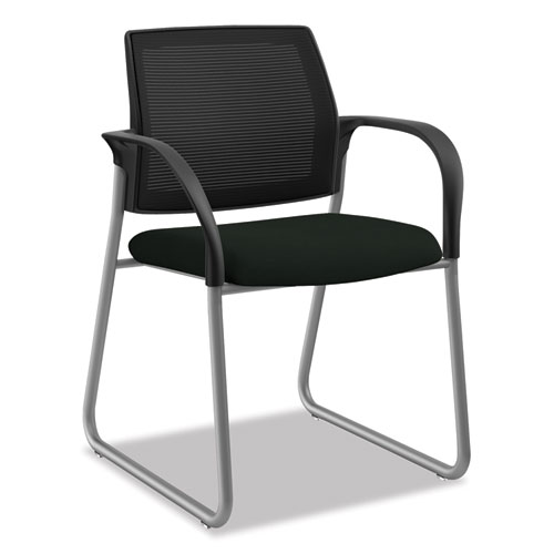 Ignition Series Mesh Back Guest Chair with Sled Base, Vinyl Seat, 25" x 22" x 34", Black Seat, Black Back, Platinum Base
